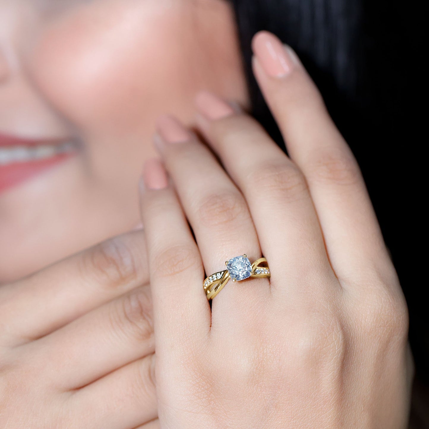 Cushion Cut Diamond Infinity Solitaire Ring with Side Stones