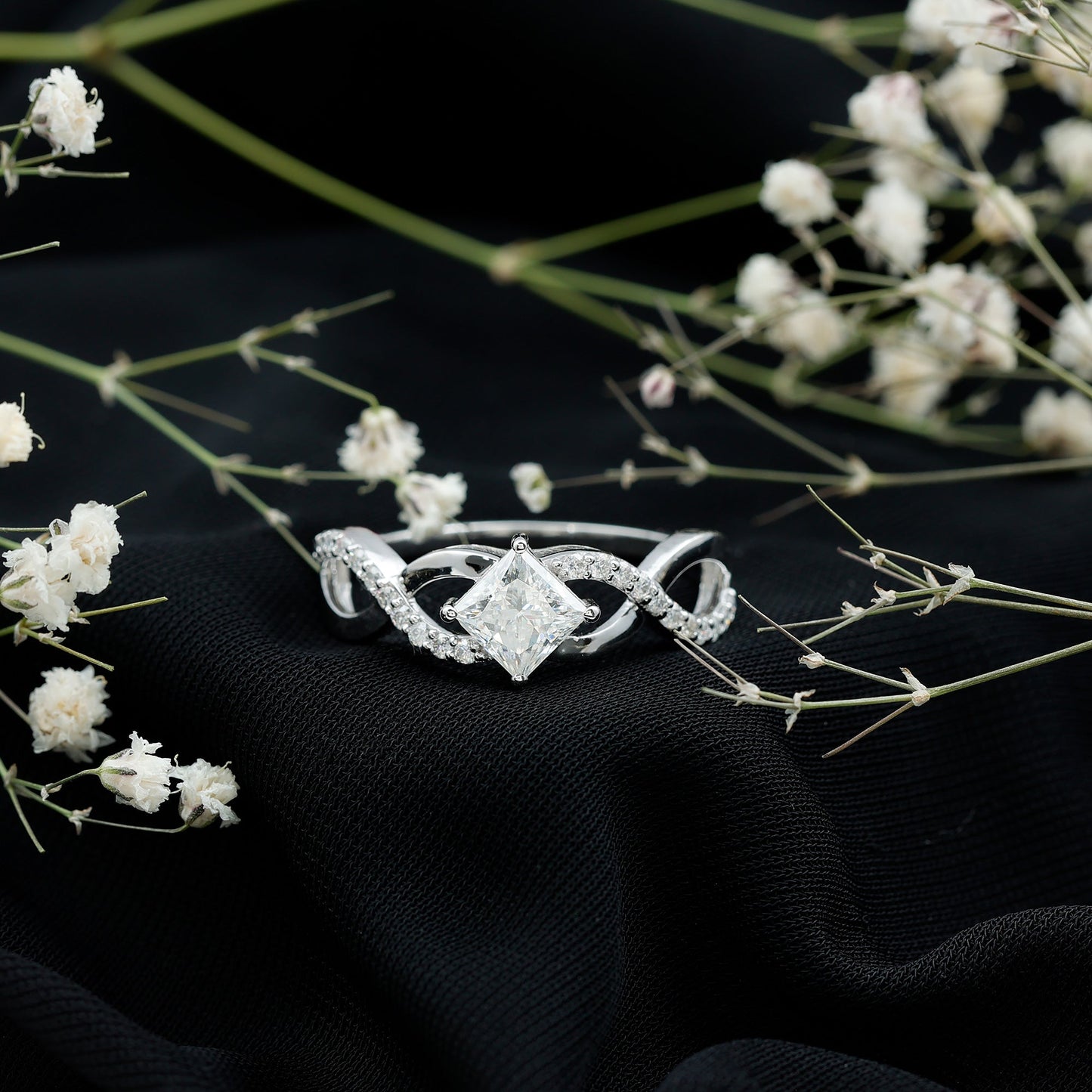 Lab Diamond Crossover Ring with Side Stones