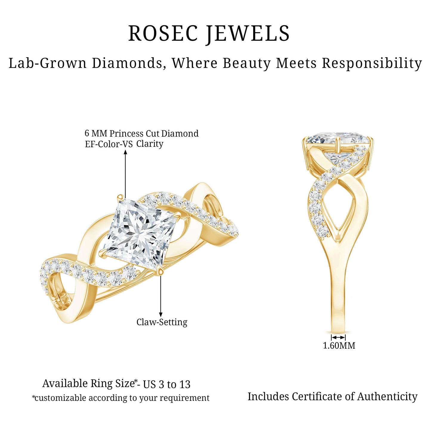 Lab Diamond Crossover Ring with Side Stones
