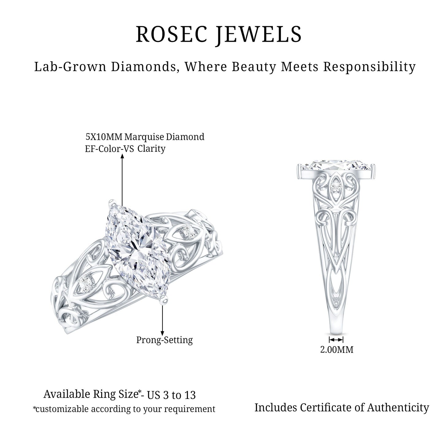 Marquise Cut Lab Grown Diamond Solitaire Filigree Engagement Ring