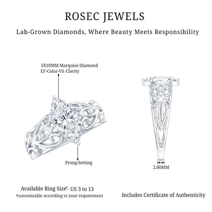 Marquise Cut Lab Grown Diamond Solitaire Filigree Engagement Ring