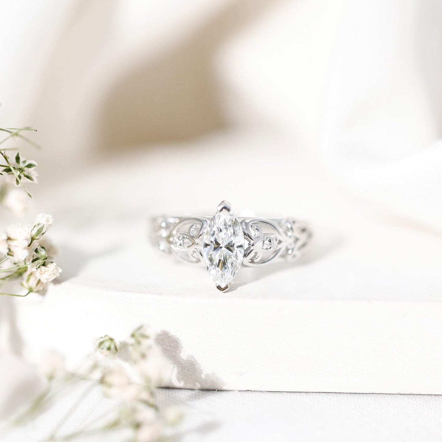 Marquise Cut Lab Grown Diamond Solitaire Filigree Engagement Ring