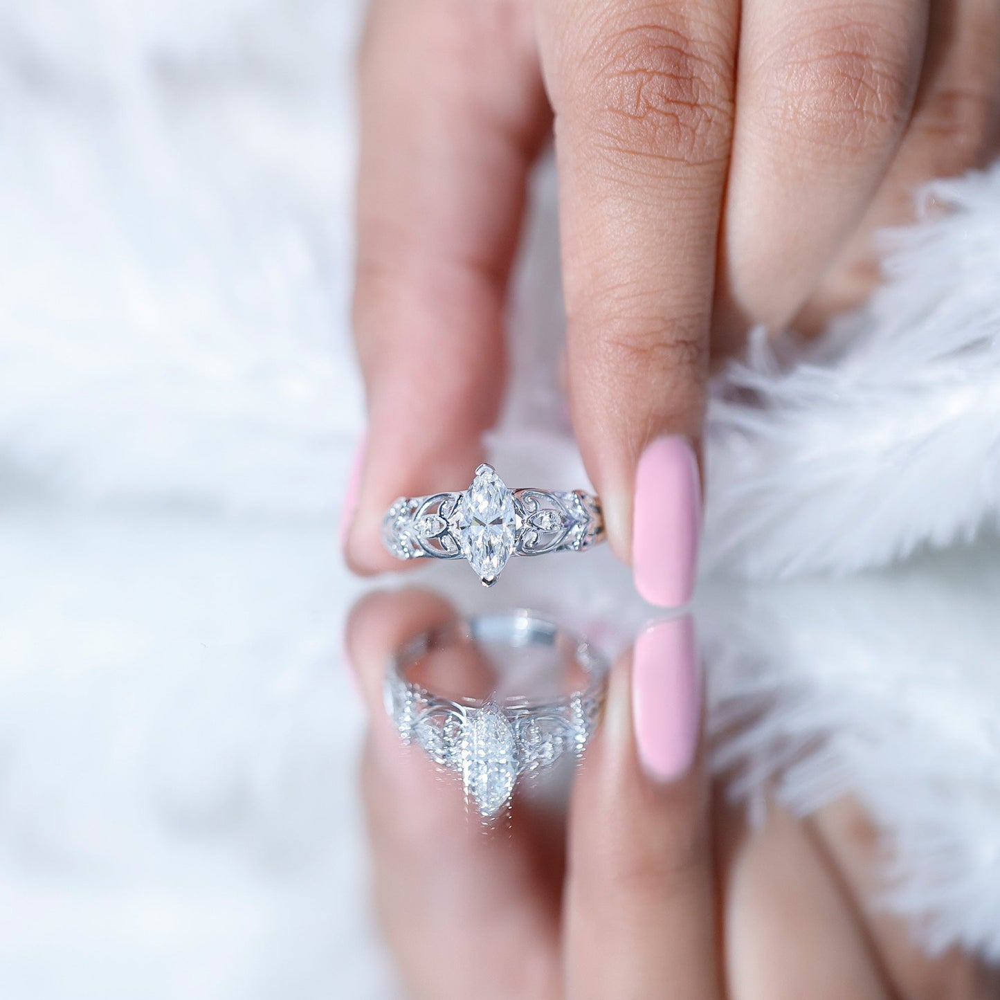 Marquise Cut Lab Grown Diamond Solitaire Filigree Engagement Ring