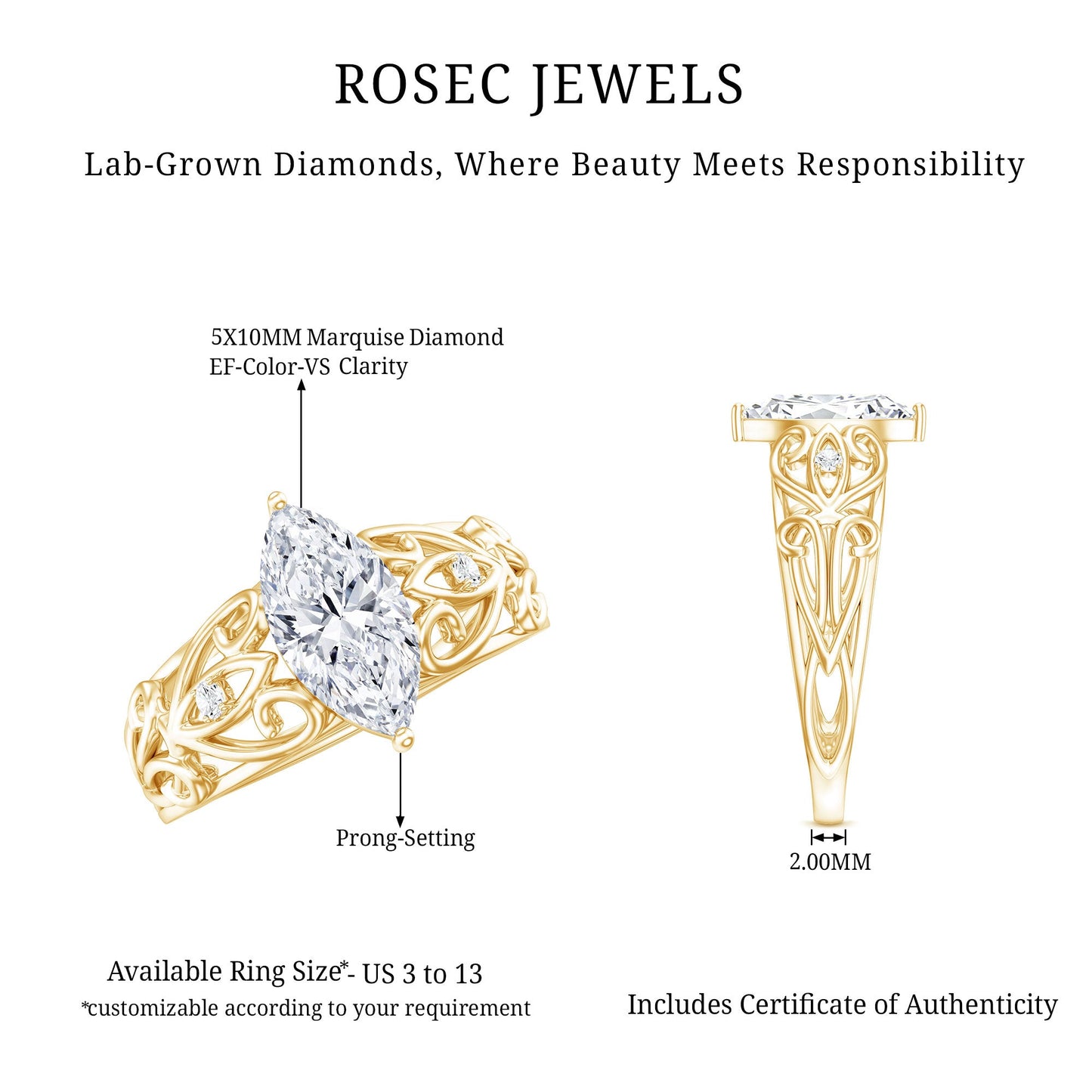 Marquise Cut Lab Grown Diamond Solitaire Filigree Engagement Ring