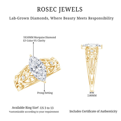 Marquise Cut Lab Grown Diamond Solitaire Filigree Engagement Ring