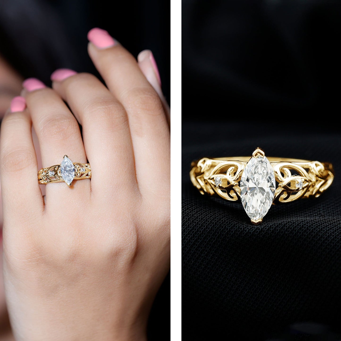 Marquise Cut Lab Grown Diamond Solitaire Filigree Engagement Ring
