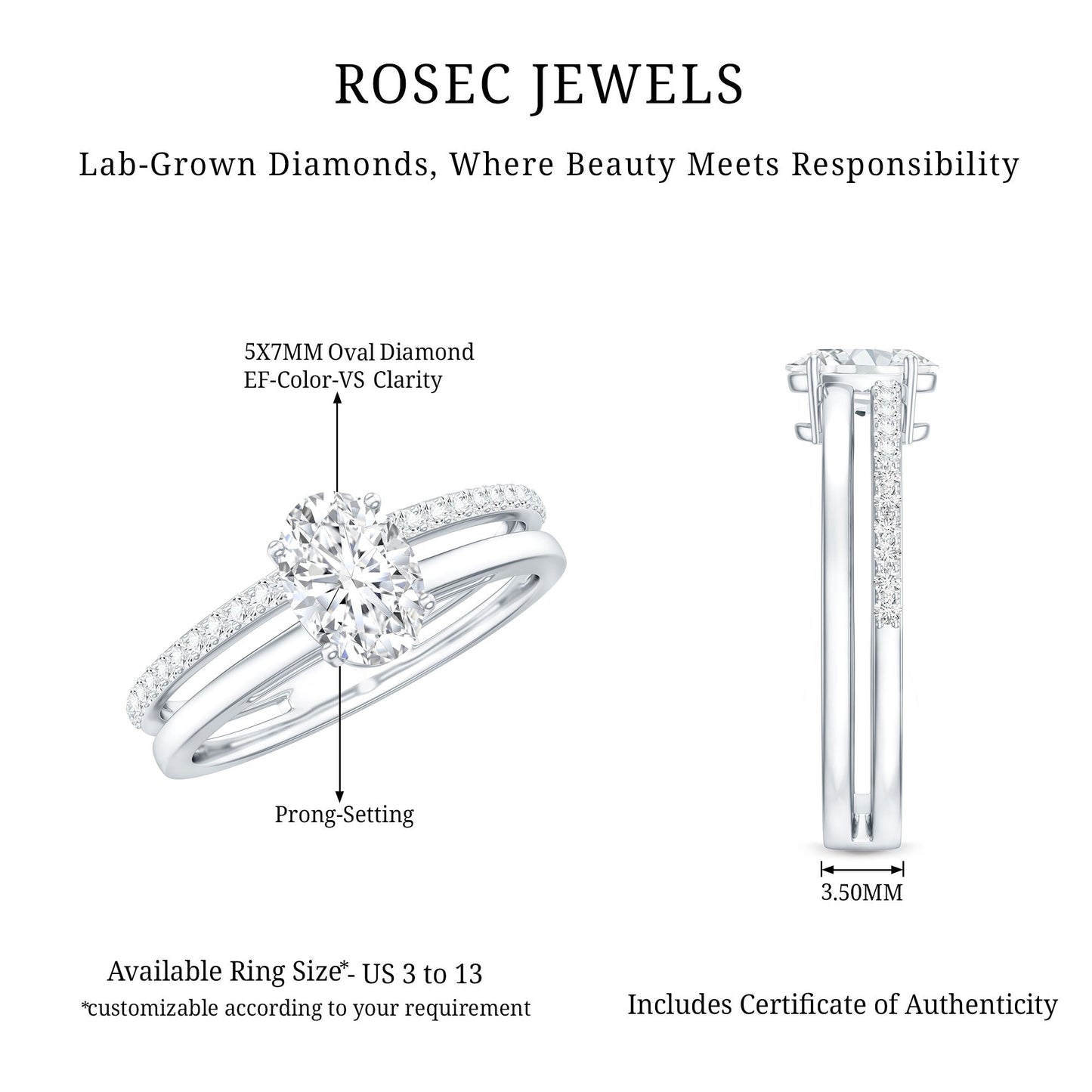 0.75 Carat Oval Cut Diamond Solitaire Double Band Engagement Ring For Her