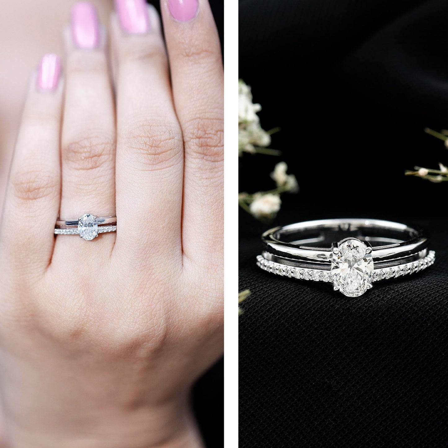 0.75 Carat Oval Cut Diamond Solitaire Double Band Engagement Ring For Her