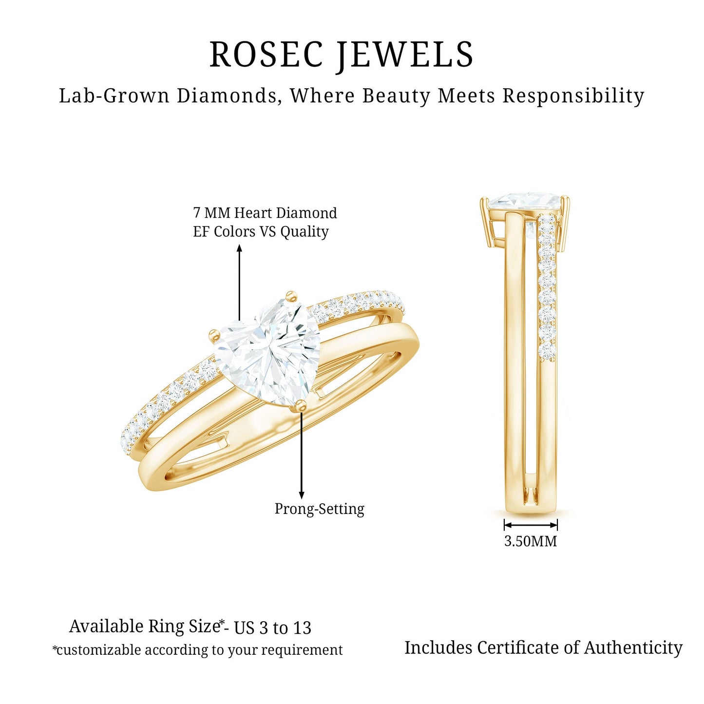 1.2 Carat Heart Shape Lab Grown Diamond Double Band Solitaire Ring