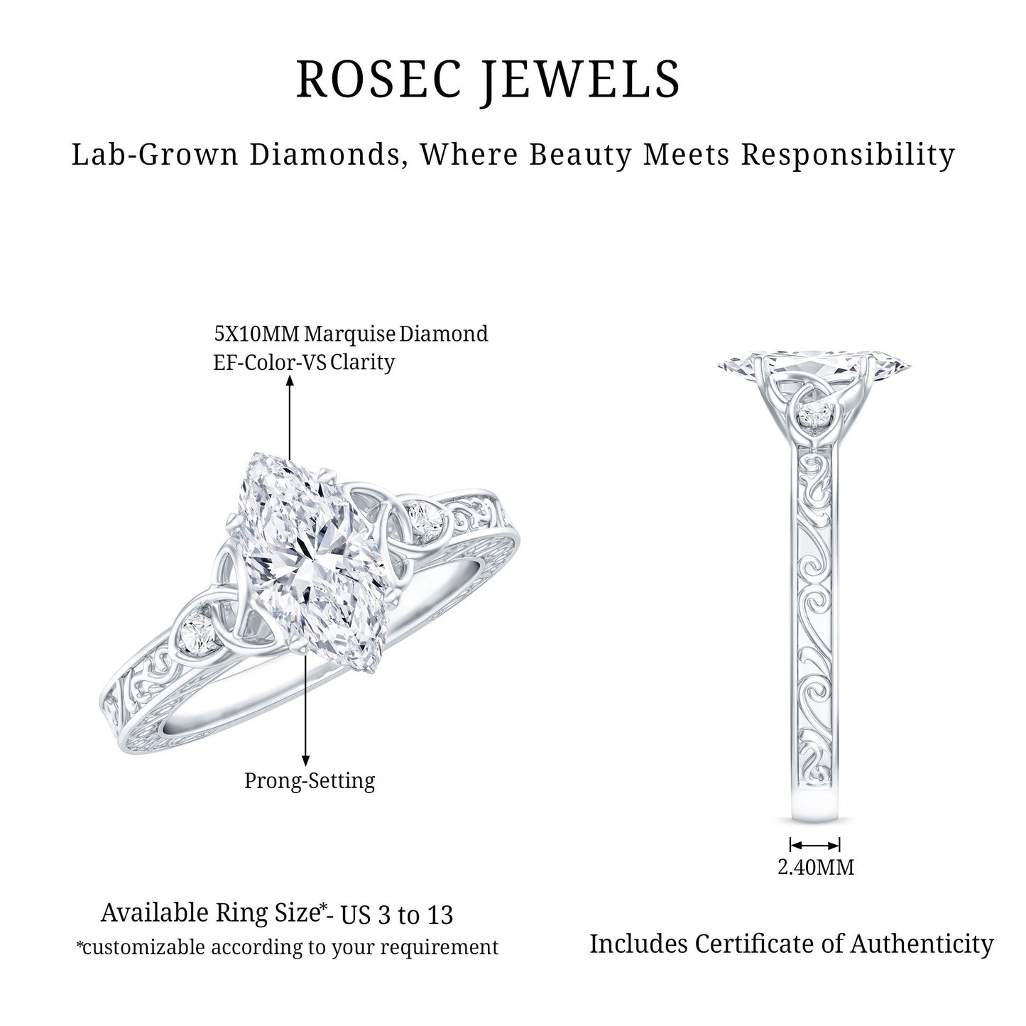 Lab Grown Diamond Marquise Engagement Ring with Celtic Knot Detail