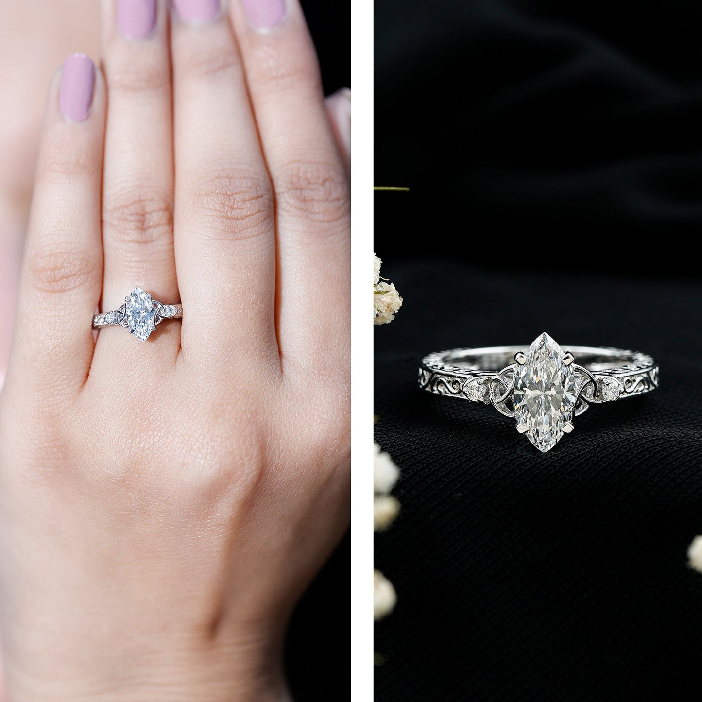 Lab Grown Diamond Marquise Engagement Ring with Celtic Knot Detail