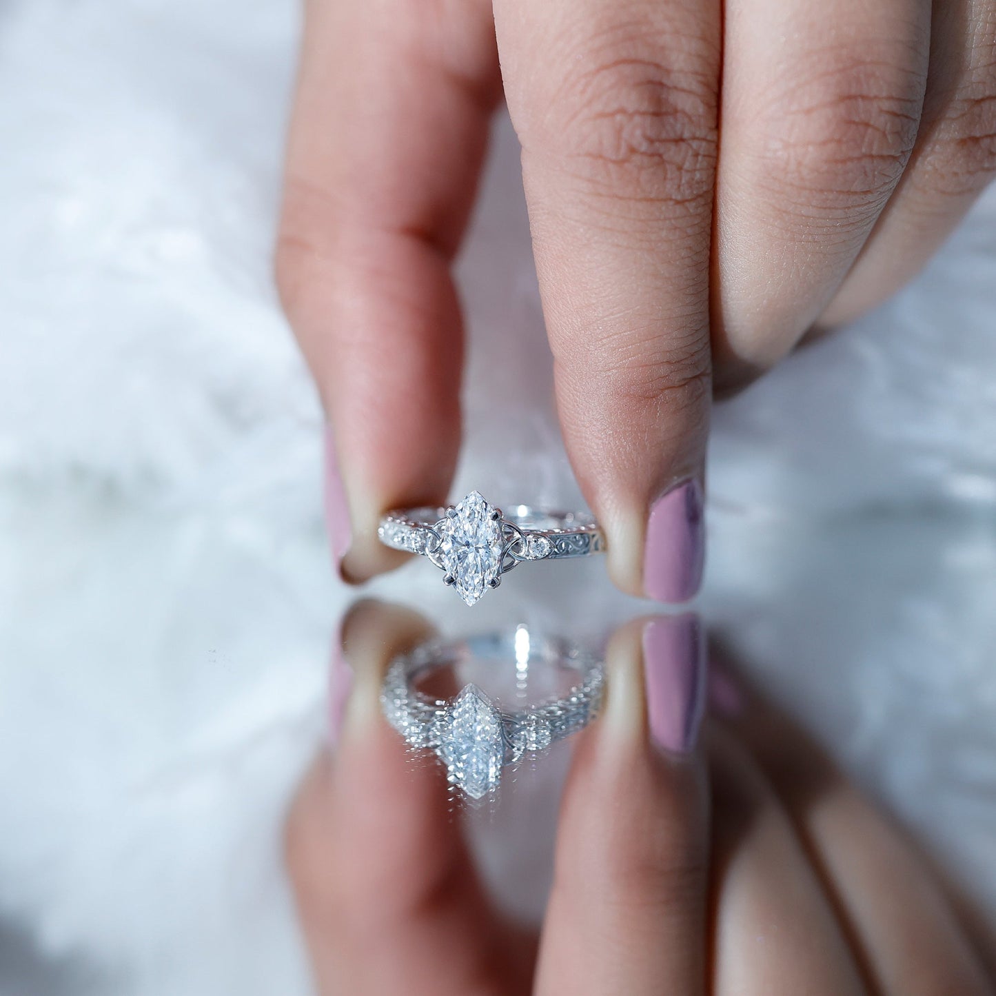 Lab Grown Diamond Marquise Engagement Ring with Celtic Knot Detail