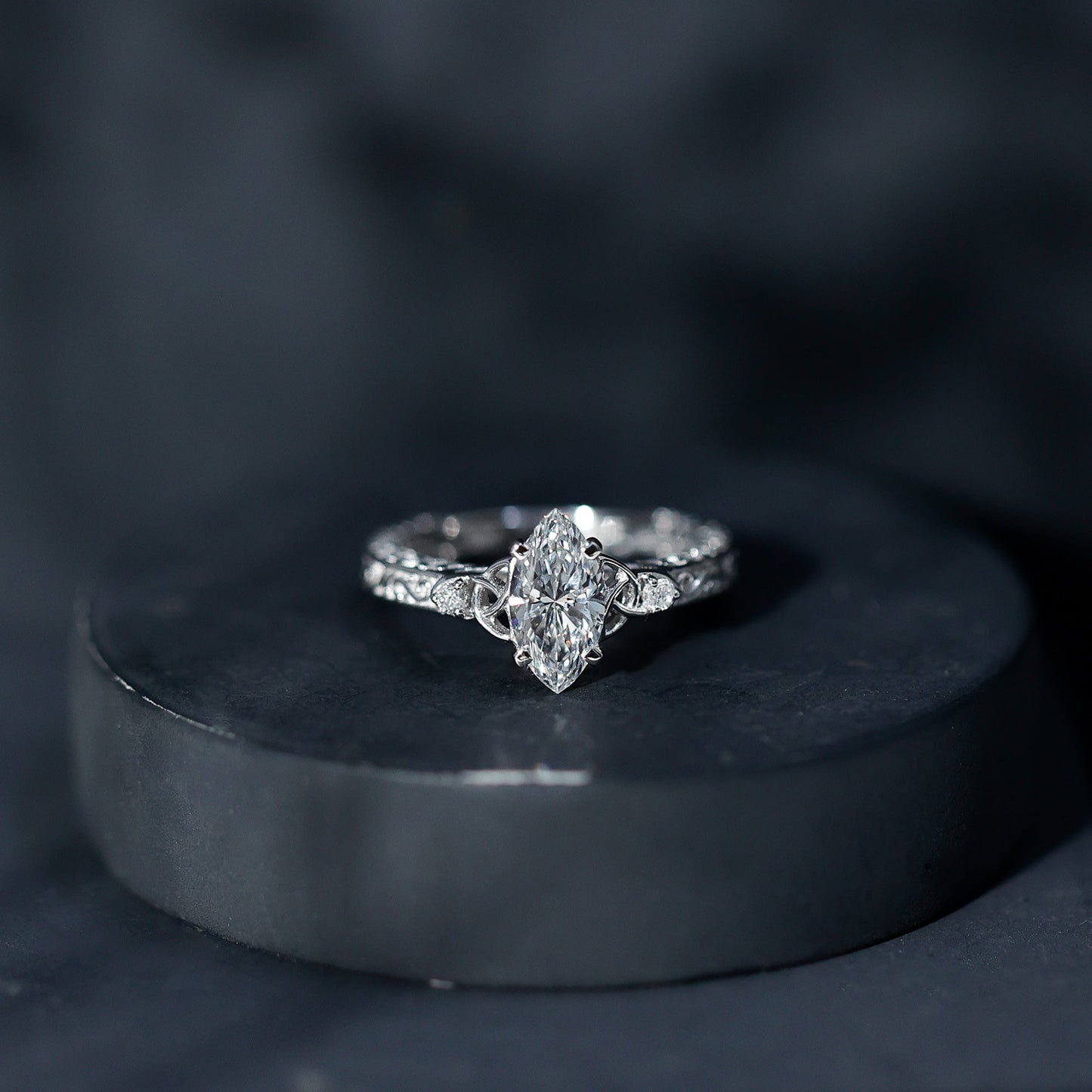 Lab Grown Diamond Marquise Engagement Ring with Celtic Knot Detail