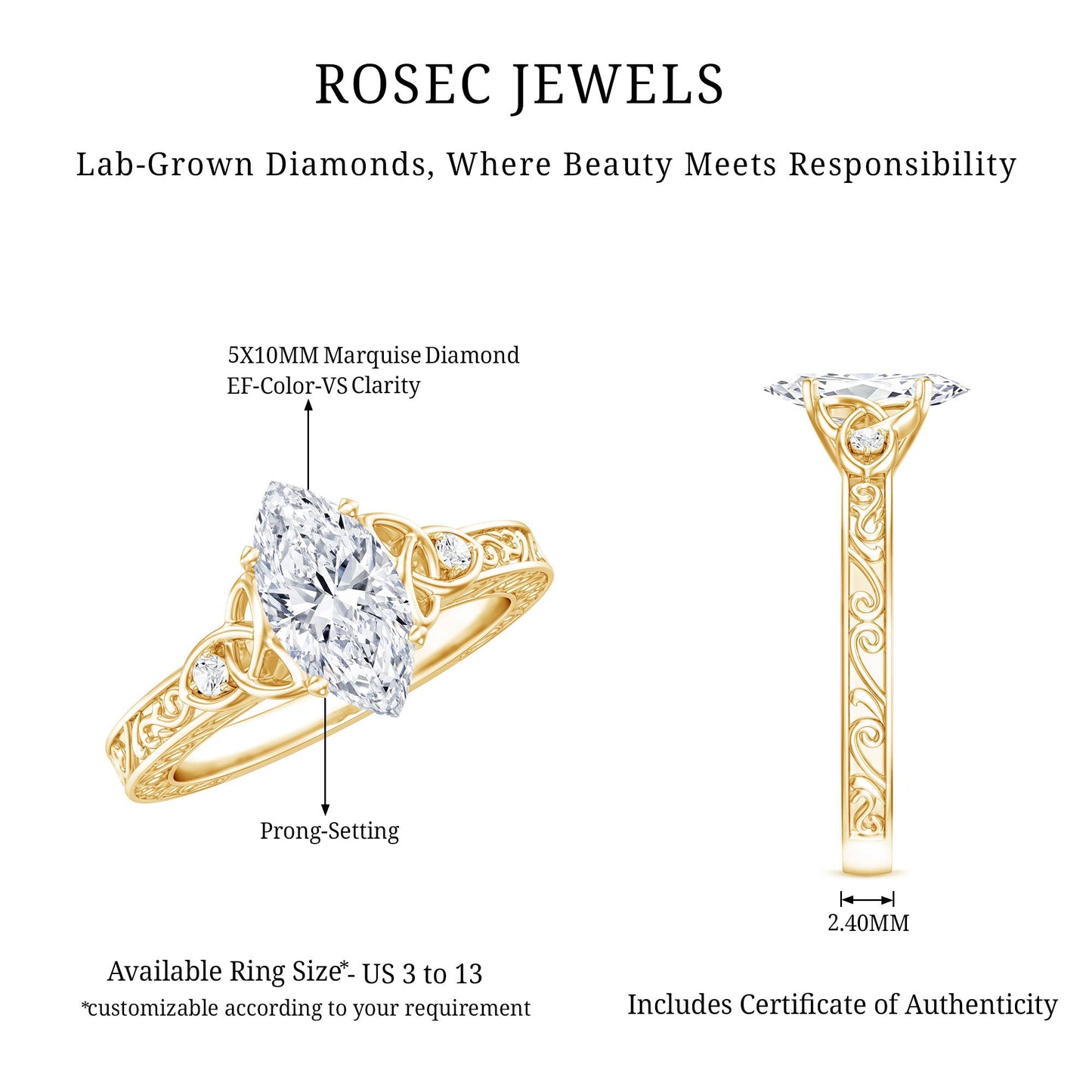 Lab Grown Diamond Marquise Engagement Ring with Celtic Knot Detail