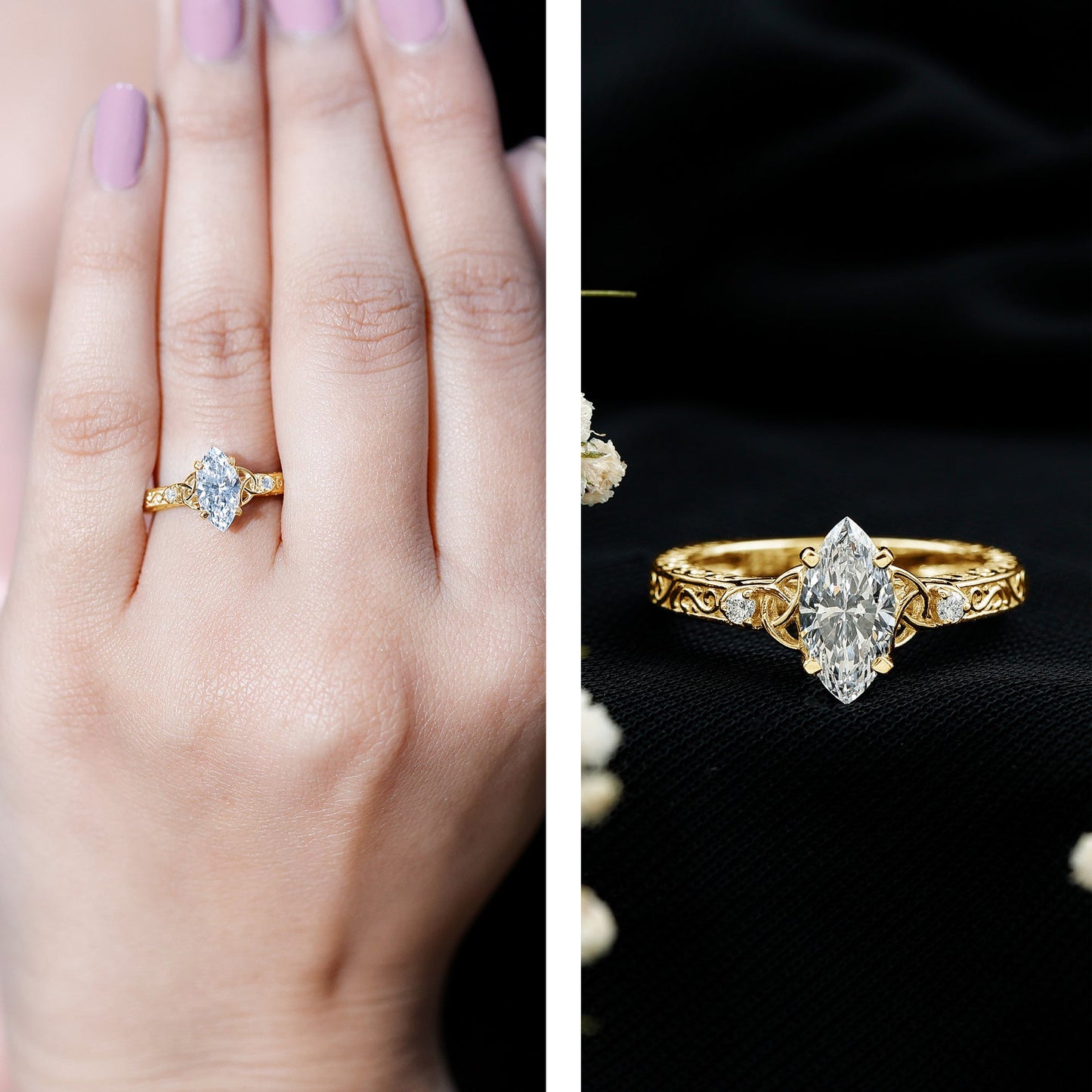 Lab Grown Diamond Marquise Engagement Ring with Celtic Knot Detail