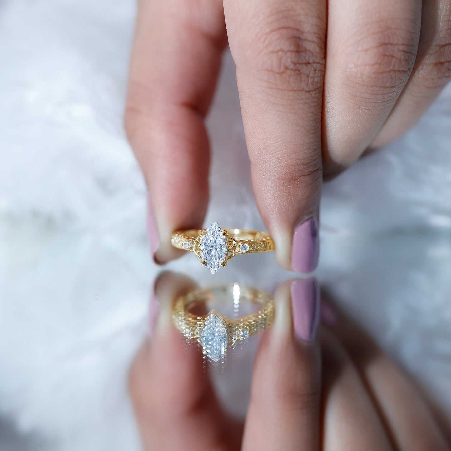 Lab Grown Diamond Marquise Engagement Ring with Celtic Knot Detail
