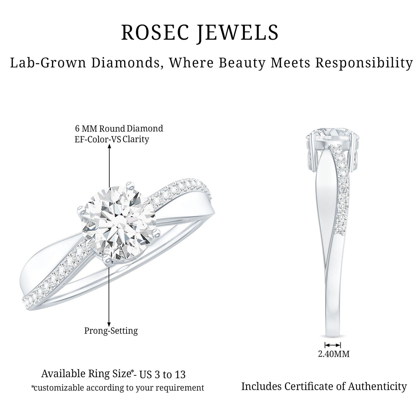 Certified Lab Grown Diamond Engagement Ring With Bypass Details