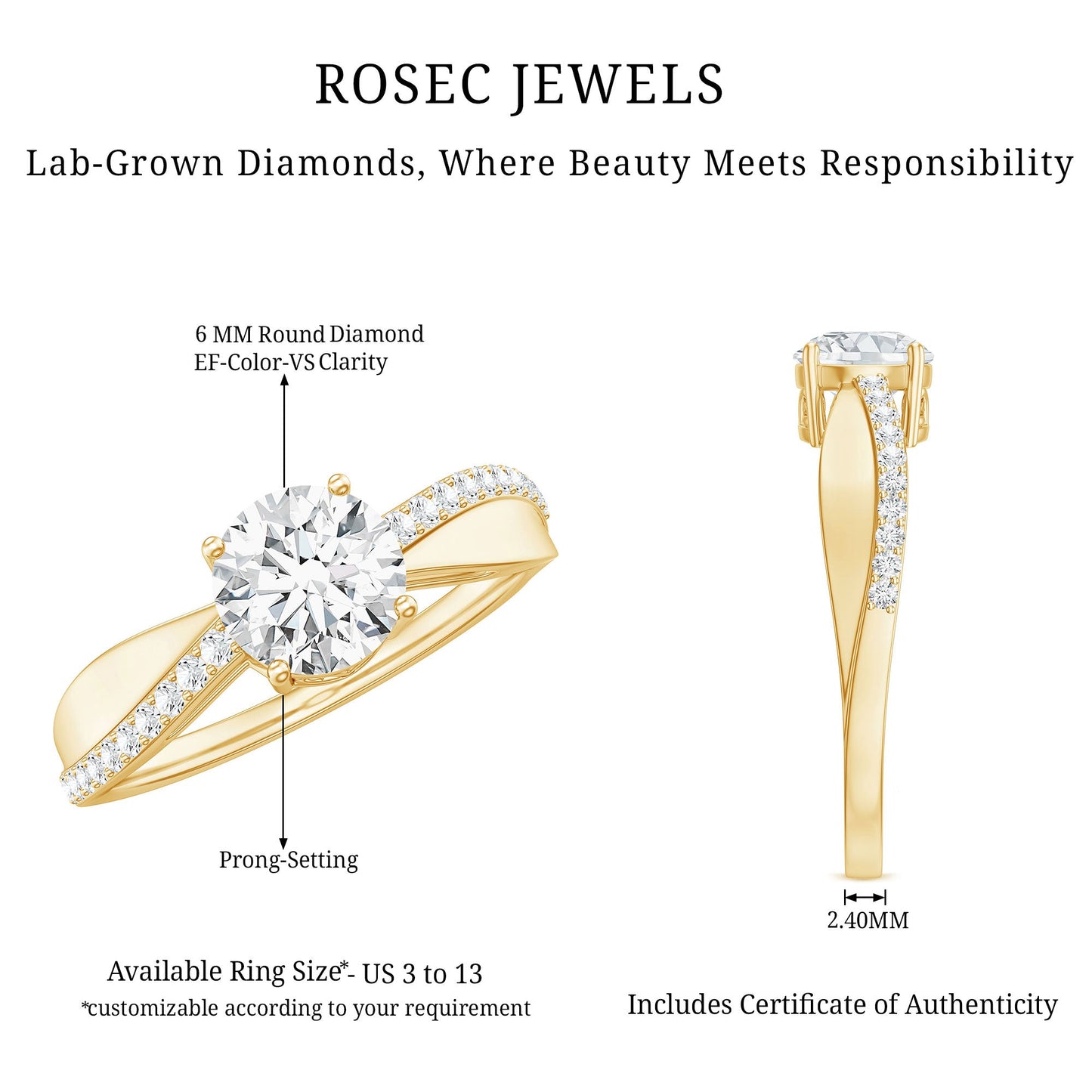 Certified Lab Grown Diamond Engagement Ring With Bypass Details