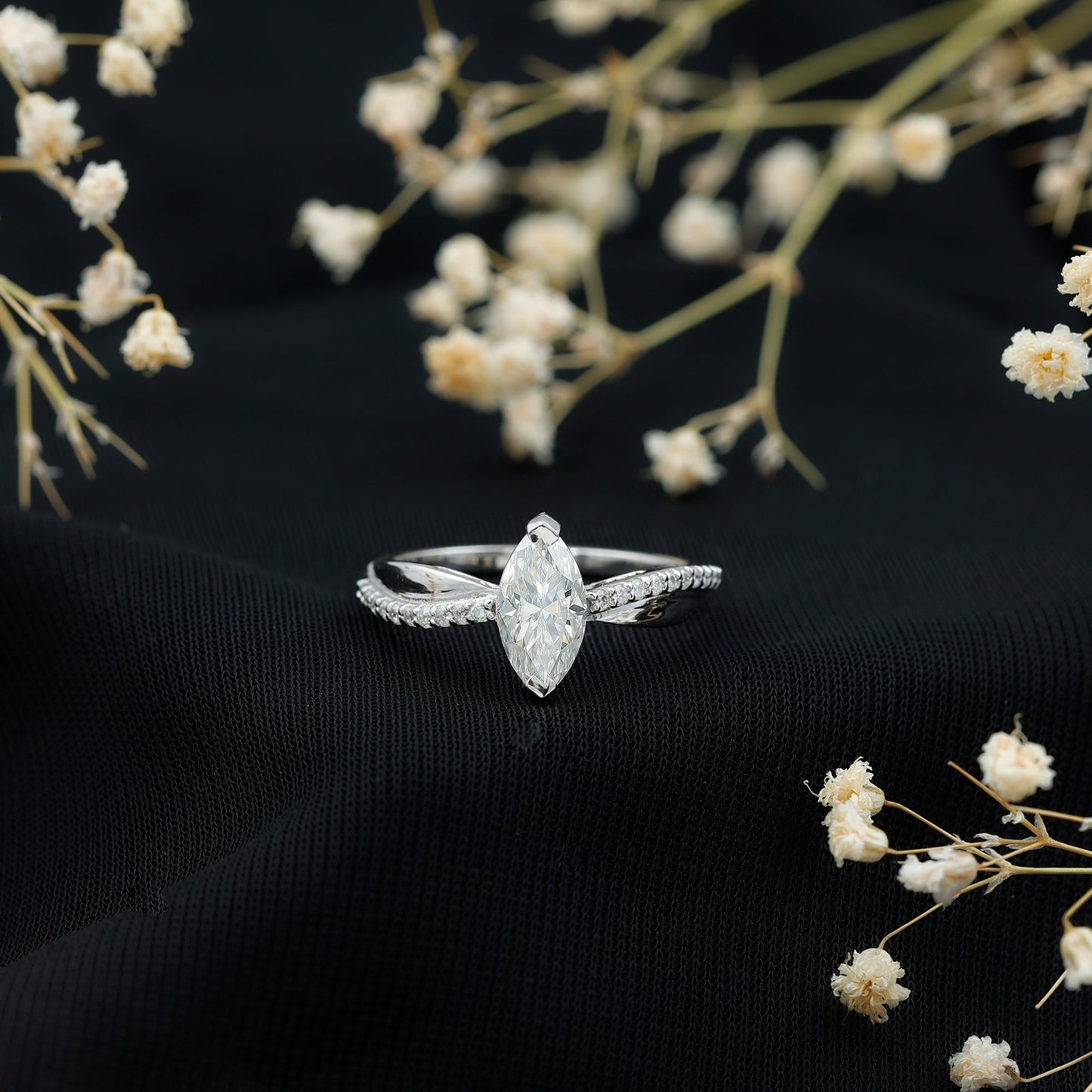 Certified 1 CT Marquise Diamond Solitaire Ring with Side Stones