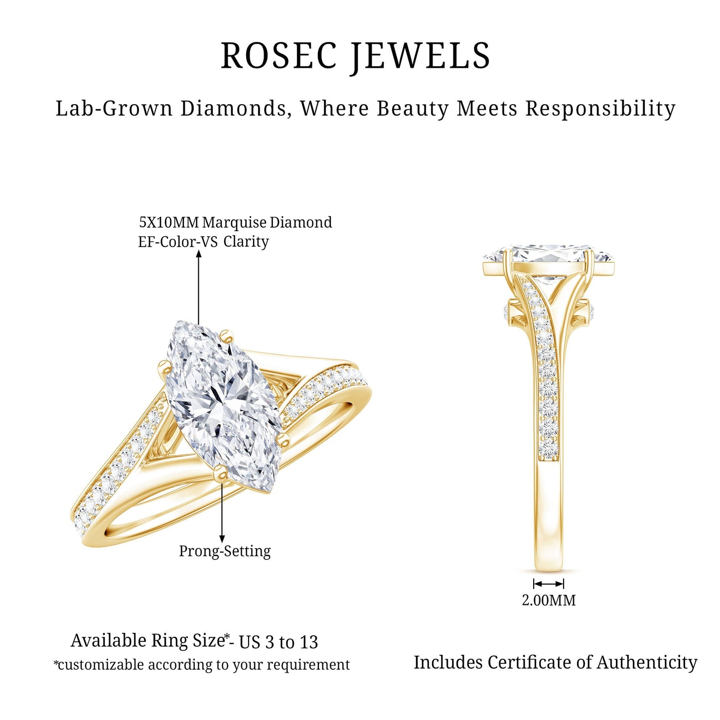 Brilliant Cut Lab Grown Diamond Marquise Engagement Ring with Split Shank
