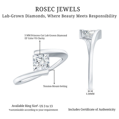 0.8 Carat Princess Cut Lab Grown Diamond Ring With Tension Setting