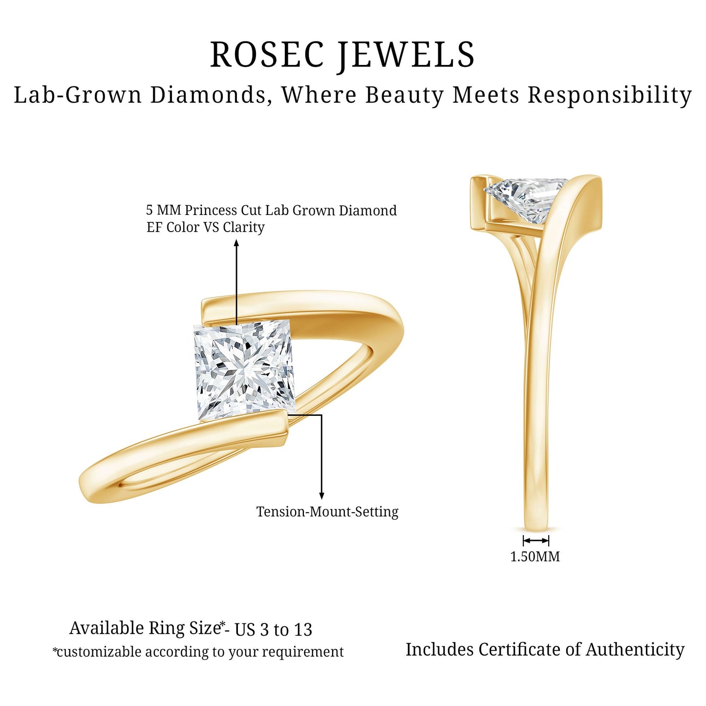 0.8 Carat Princess Cut Lab Grown Diamond Ring With Tension Setting