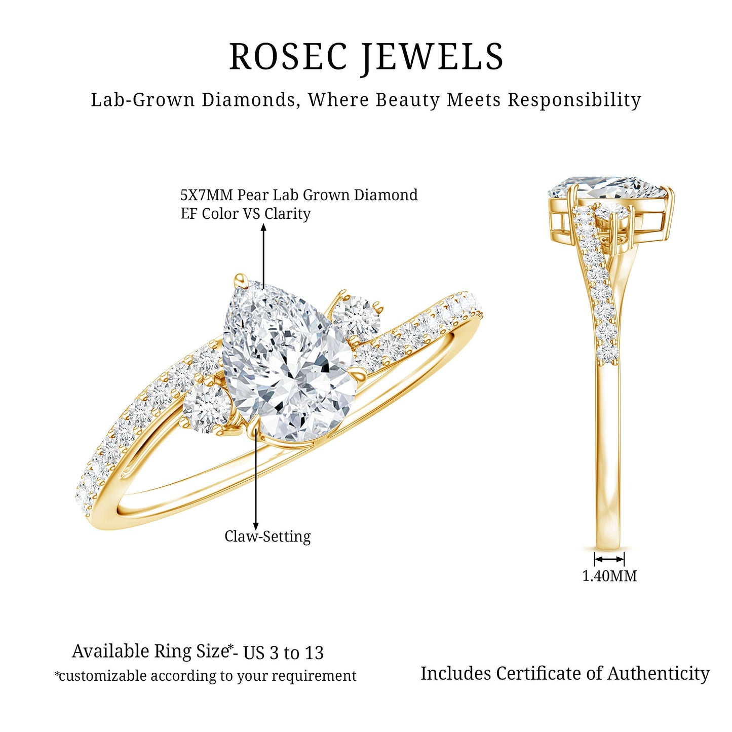 Pear Lab Created Diamond Engagement Bypass Ring for Her