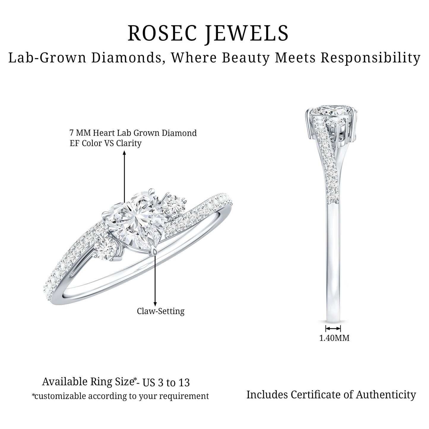 1.5 Carat Heart Shaped Lab Grown Diamond Engagement Rings With Bypass Shank