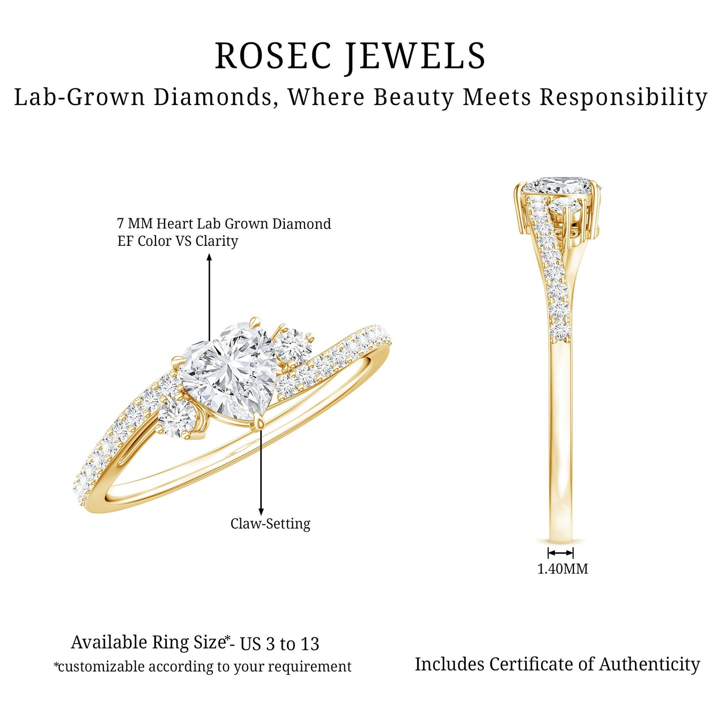 1.5 Carat Heart Shaped Lab Grown Diamond Engagement Rings With Bypass Shank