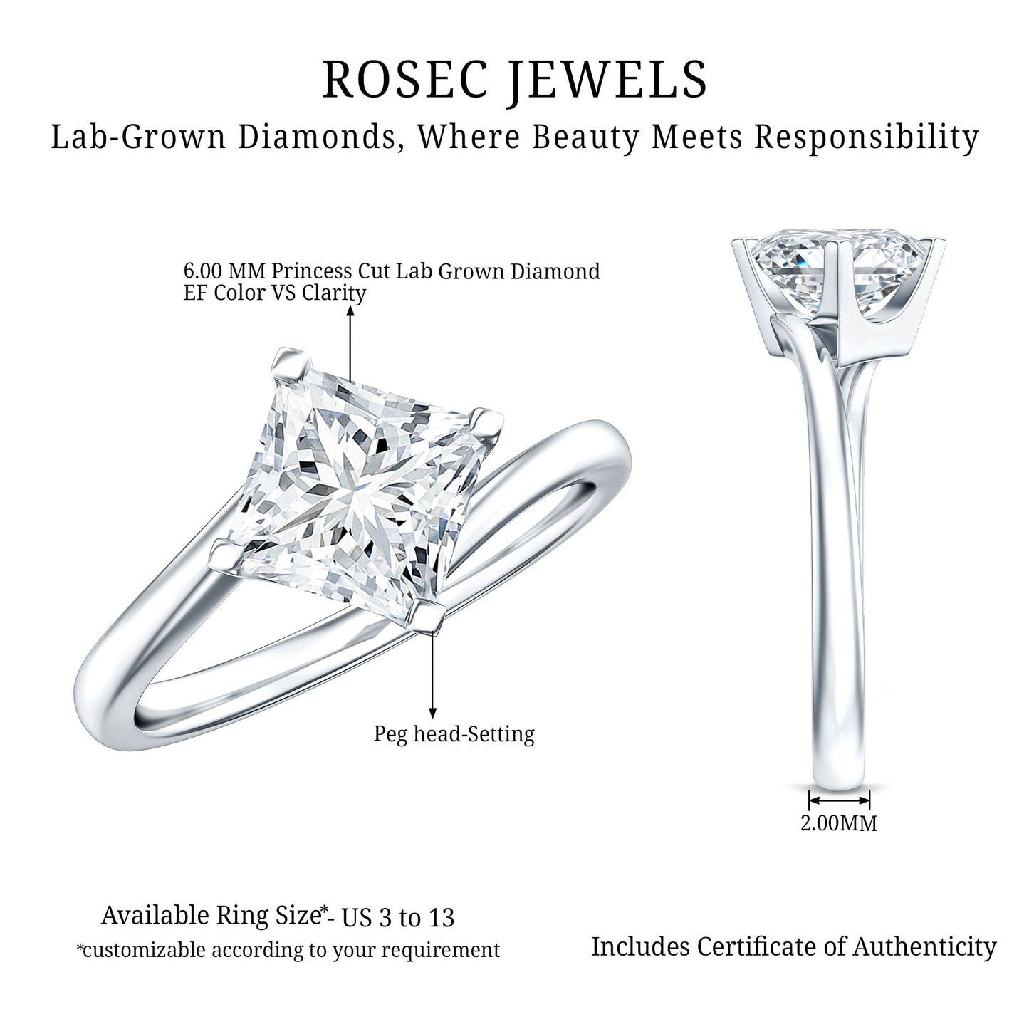 Princess Cut Lab Grown Diamond Bypass Engagement Ring for Women