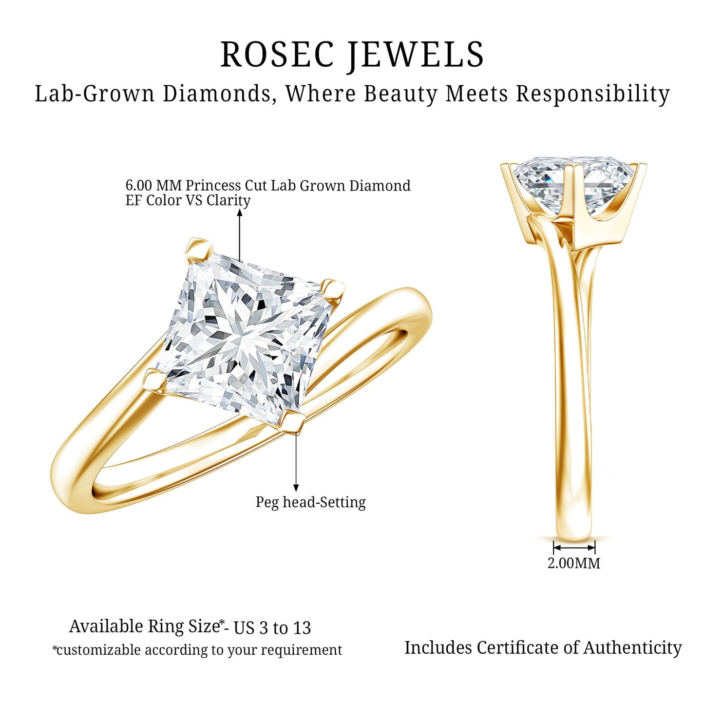 Princess Cut Lab Grown Diamond Bypass Engagement Ring for Women