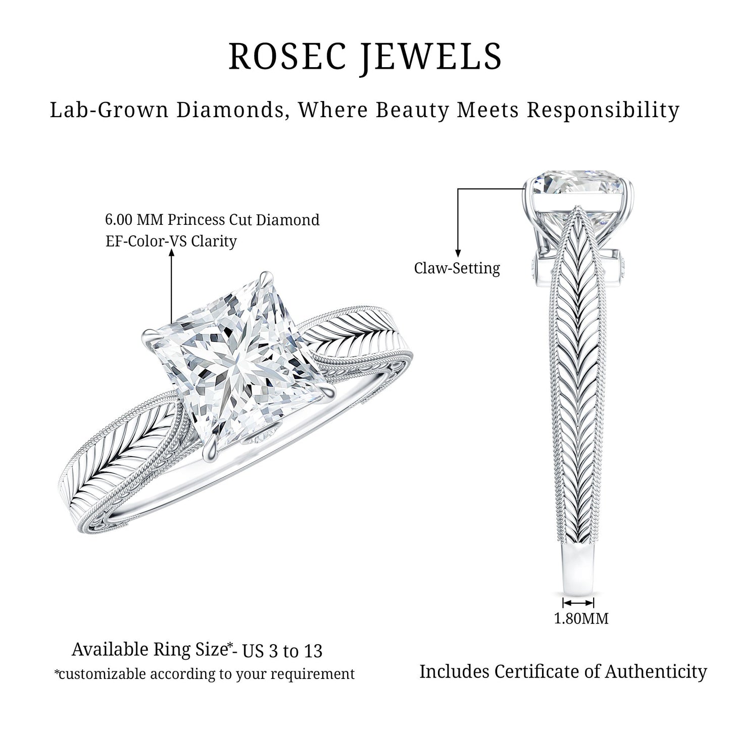 Lab Grown Diamond Engraved Solitaire Engagement Ring in Claw Set