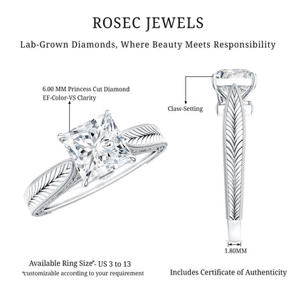 Lab Grown Diamond Engraved Solitaire Engagement Ring in Claw Set