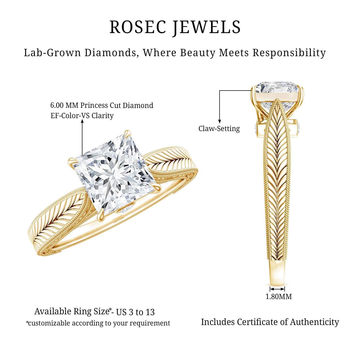 Lab Grown Diamond Engraved Solitaire Engagement Ring in Claw Set