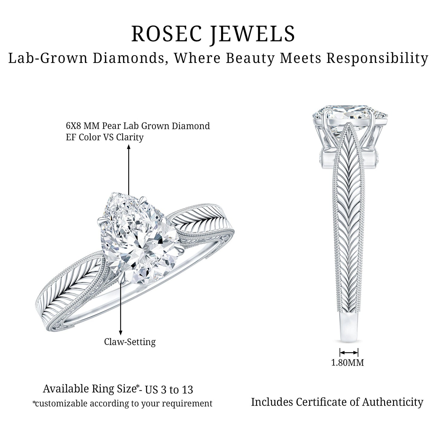 1.3 Carat Pear Lab Created Diamond Filigree Engagement Ring