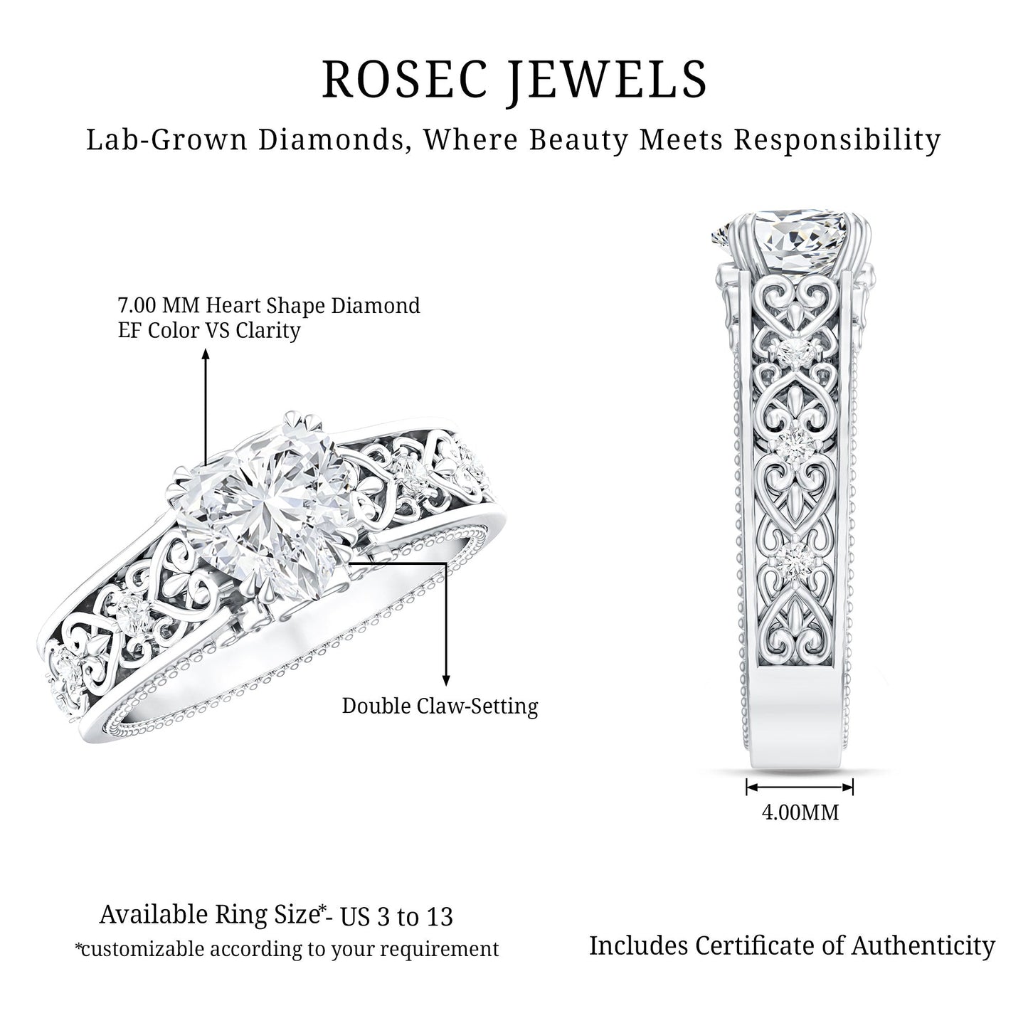 Certified 1 Carat Heart Lab Created Vintage Engagement Ring