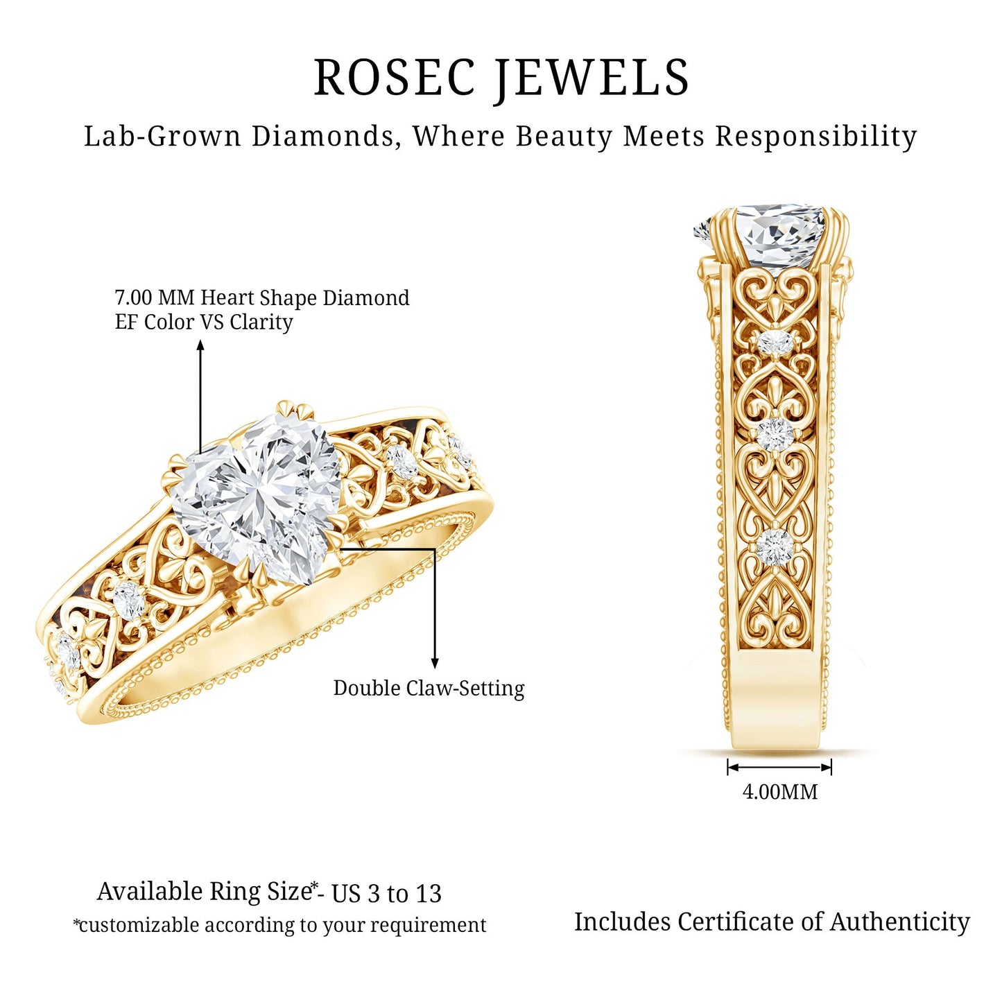 Certified 1 Carat Heart Lab Created Vintage Engagement Ring