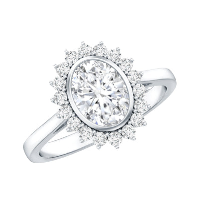 Oval Cut Lab Grown Diamond Halo Engagement Ring in Bezel Setting