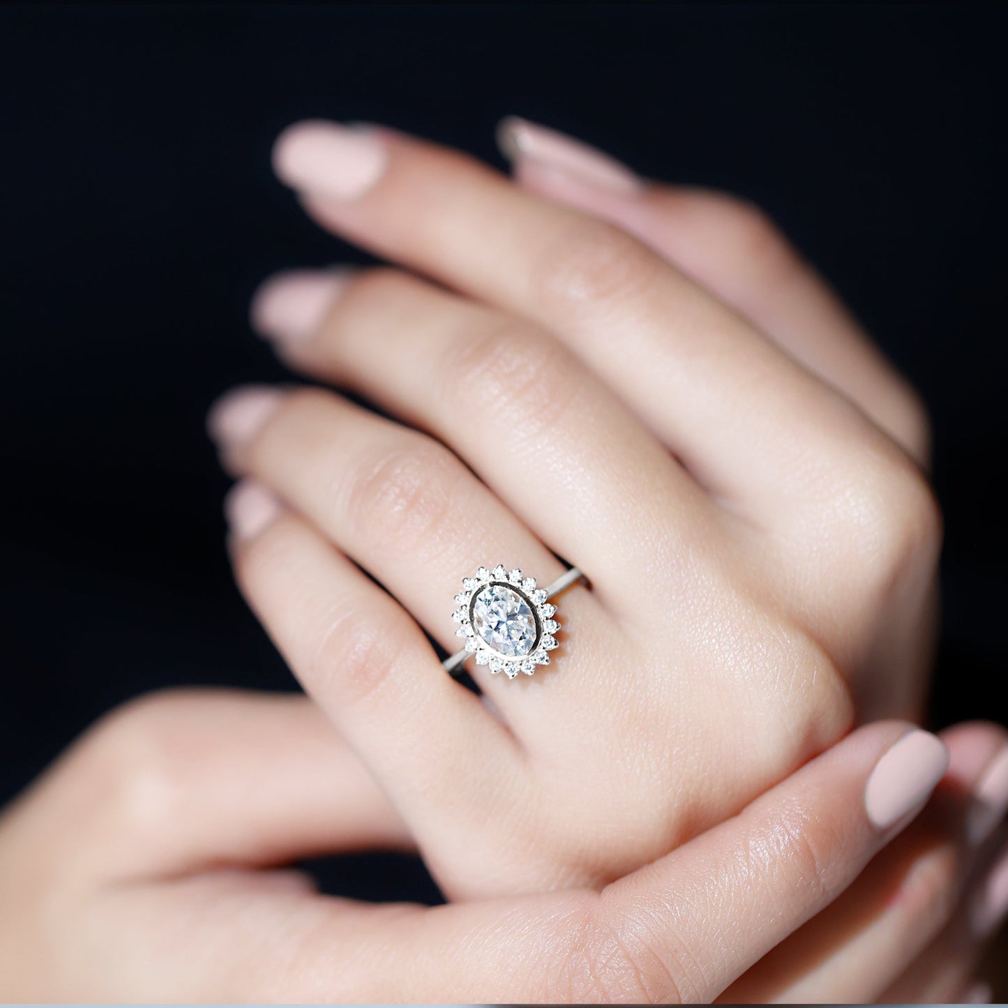 Oval Cut Lab Grown Diamond Halo Engagement Ring in Bezel Setting