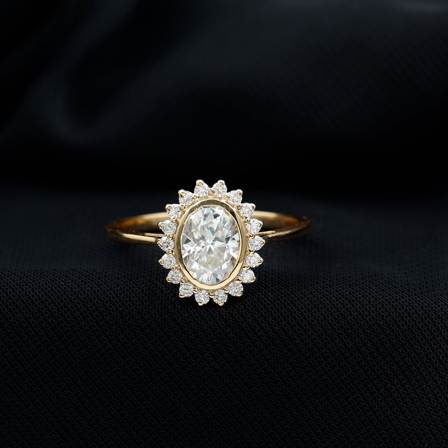 Oval Cut Lab Grown Diamond Halo Engagement Ring in Bezel Setting