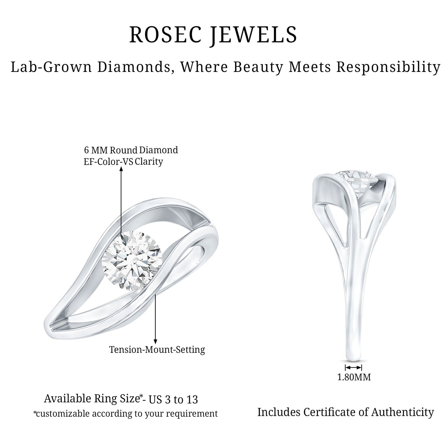 Certified 0.98 Carat Lab Created Diamond Round Engagement Ring in Tension Setting