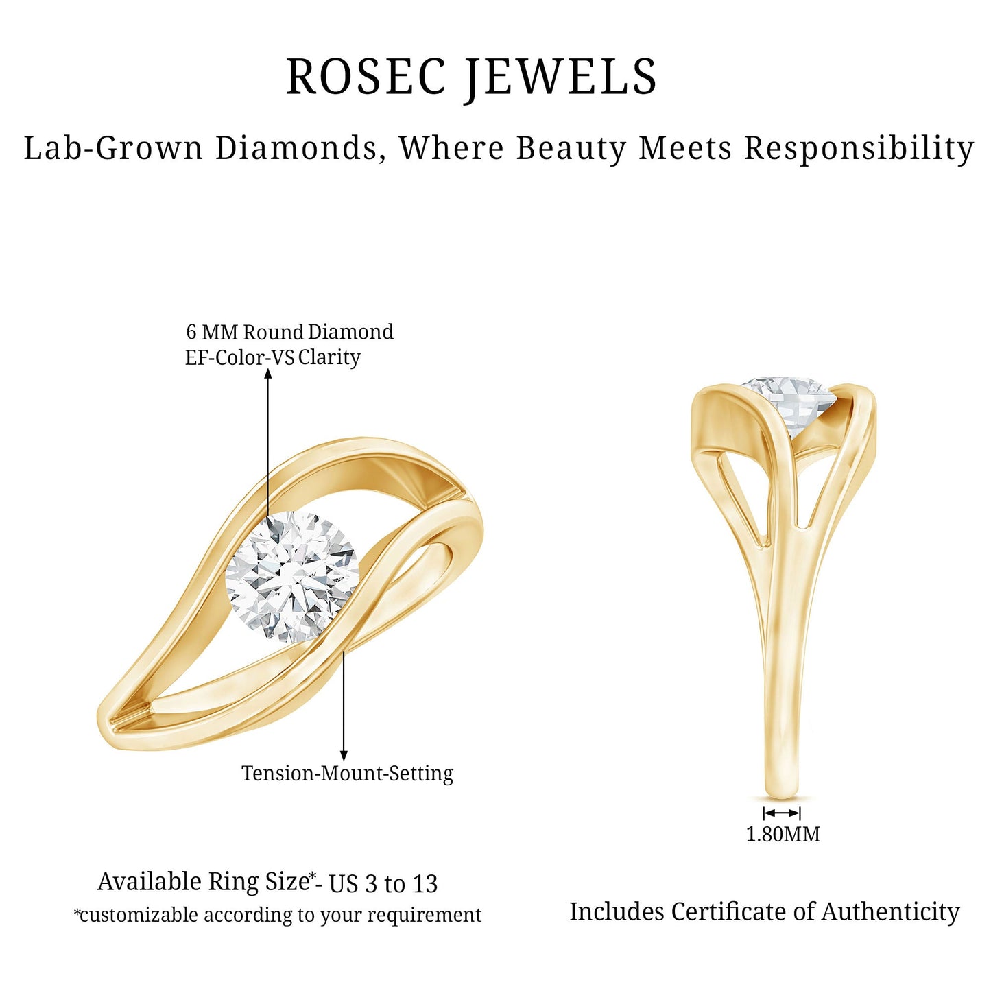 Certified 0.98 Carat Lab Created Diamond Round Engagement Ring in Tension Setting