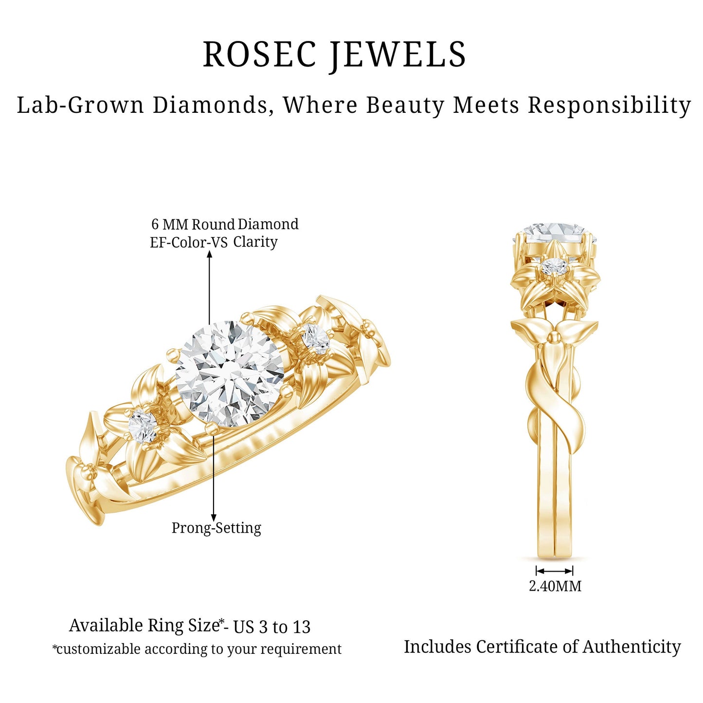 Certified 0.9 Carat Lab Grown Diamond Nature Engagement Ring