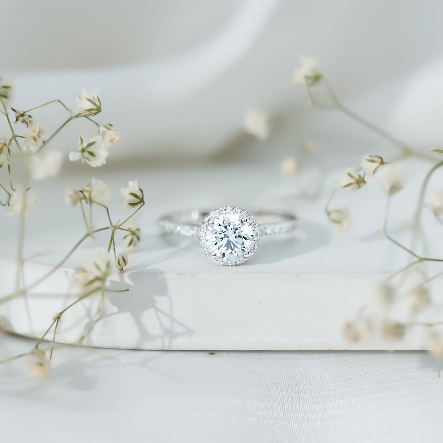 Certified Brilliant Cut Diamond Halo Engagement Ring With Side Stones