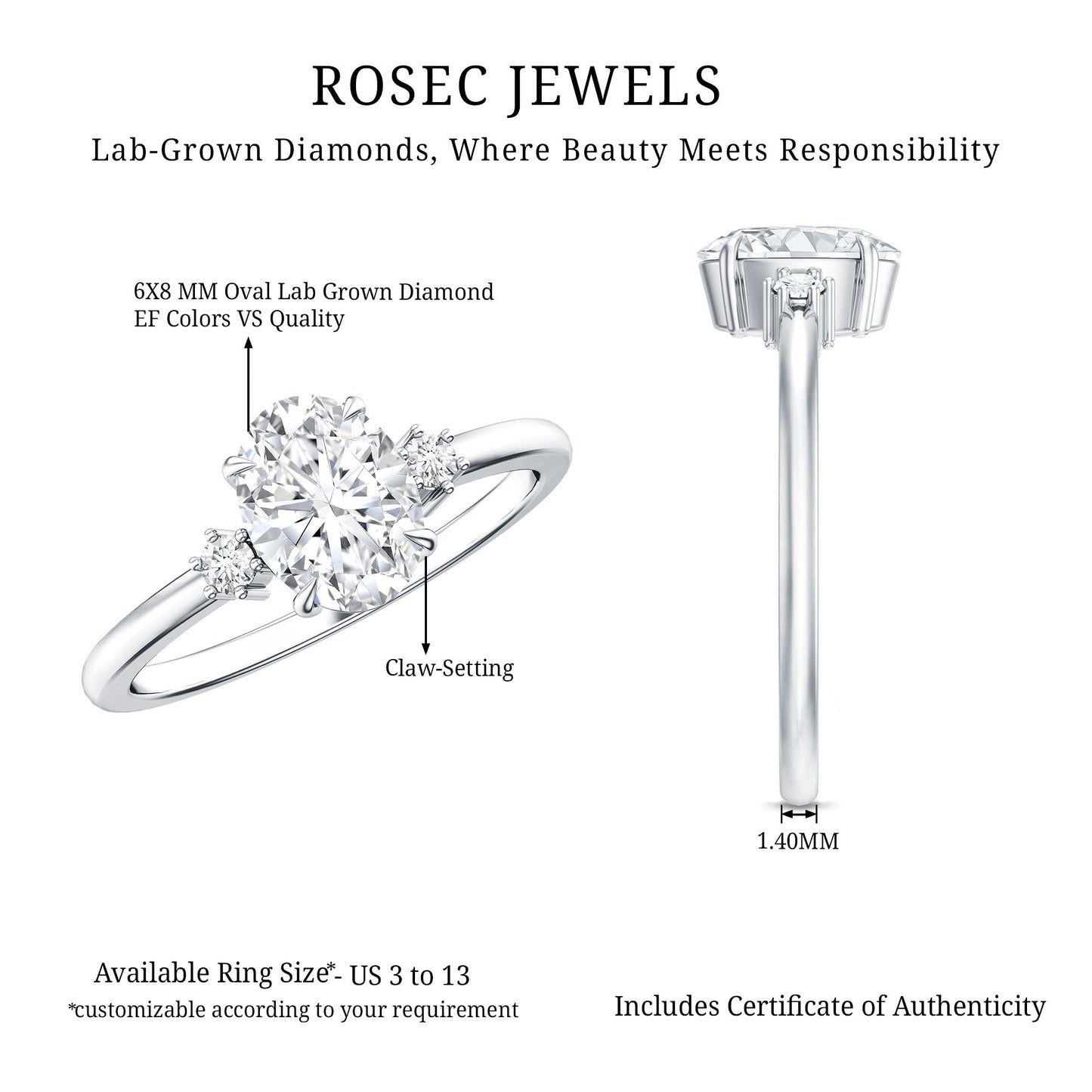 Certified 1 Carat Oval Lab Grown Diamond Engagement Ring for Women