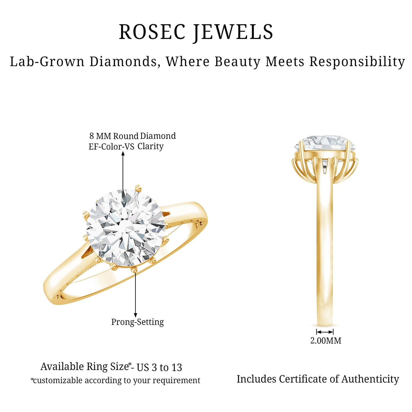 Lab Grown Diamond 2 Carat Round Engagement Ring With Certificate
