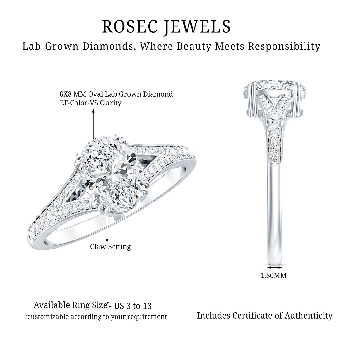 Oval Brilliant Cut Lab Diamond Engagement Ring with Split Shank
