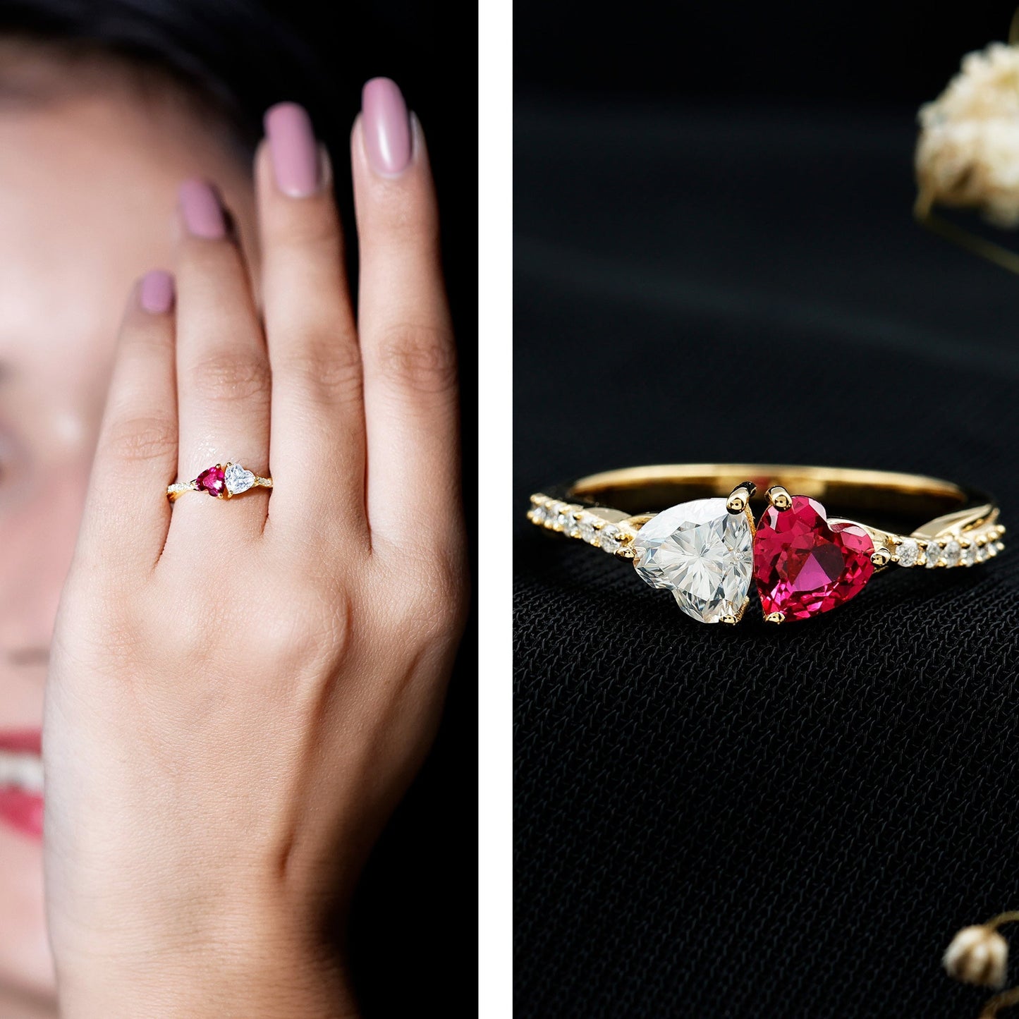 Lab Grown Ruby 2 Heart Promise Ring in Silver