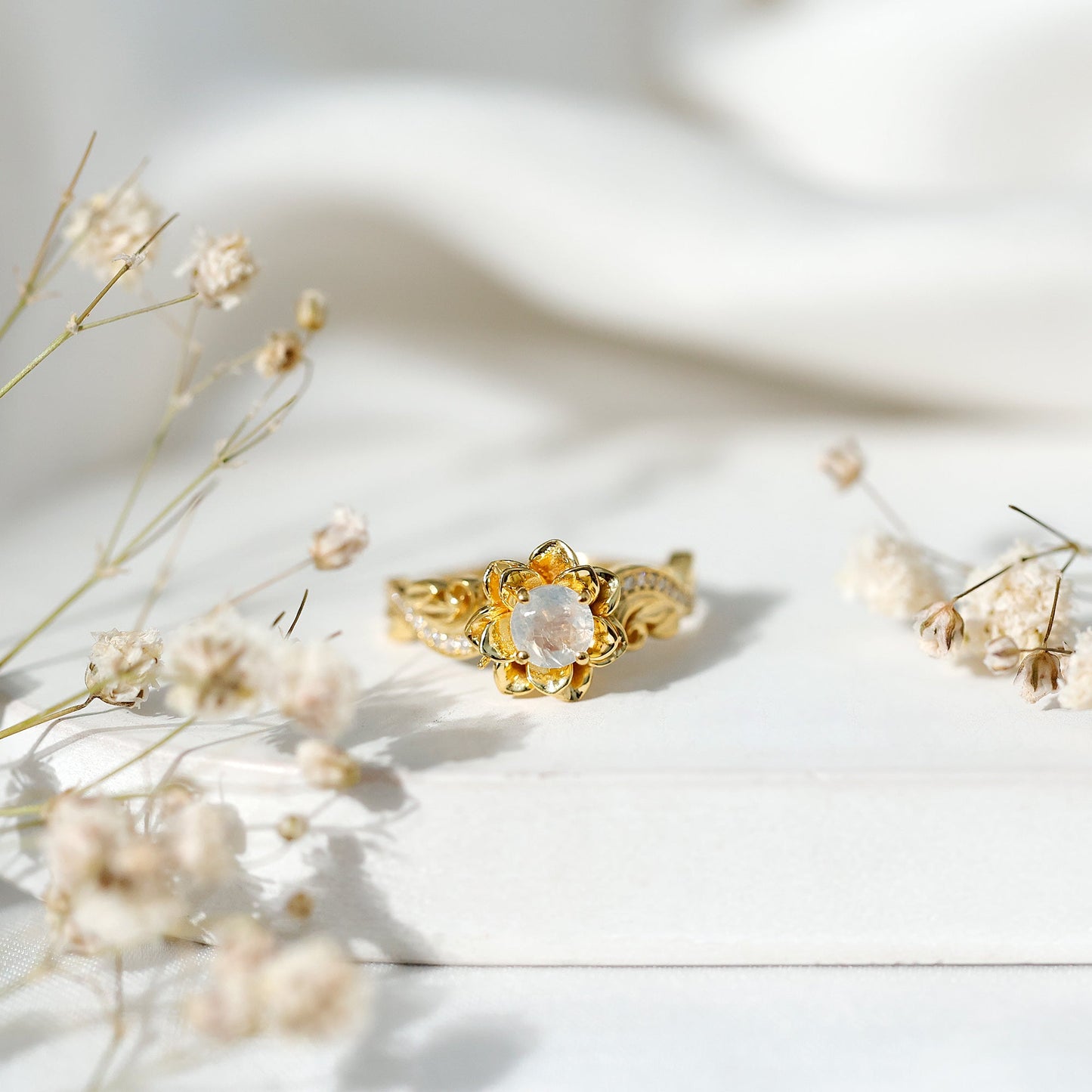 Genuine Moonstone and Diamond Blooming Engagement Ring in Silver