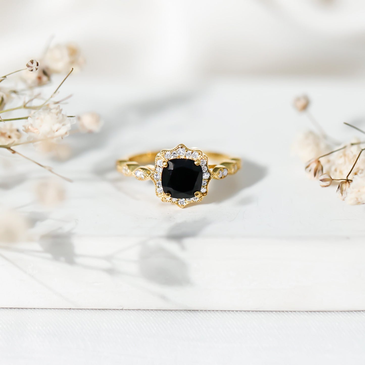 Black Onyx Vintage Looking Engagement Ring with Lab Diamond Halo
